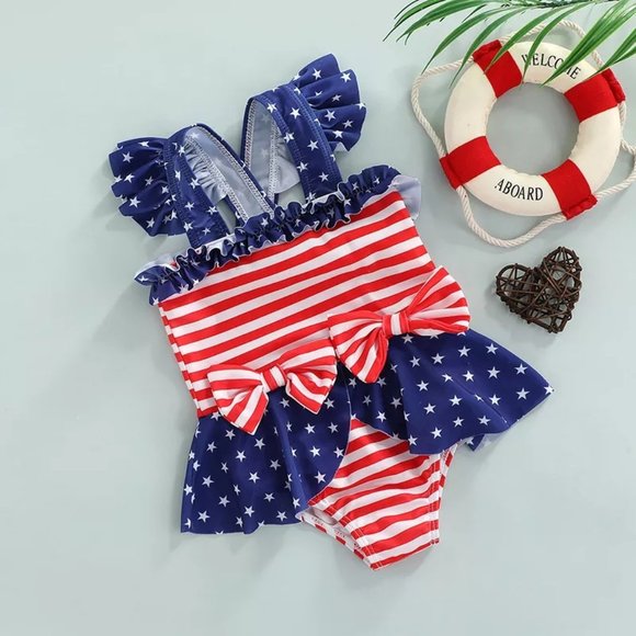 Girls 4th of July Patriotic Striped Ruffle Swimsuit Bathing Suit - Picture 1 of 6